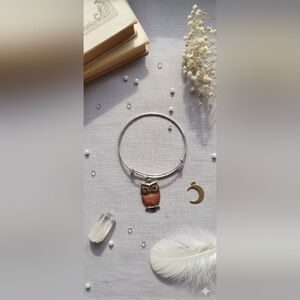 Vintage Silver Tone Owl Charm Bangle Bracelet